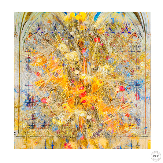 Multiple exposure of vibrant flowers resembling a stained glass window with abstract patterns. Fine art photography by RLF Photography