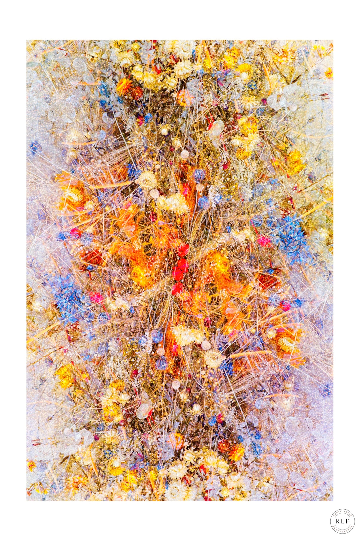 Multiple exposure of colourful flower arrangements with bright yellows, reds, blues, and oranges. Fine art photography by RLF Photography