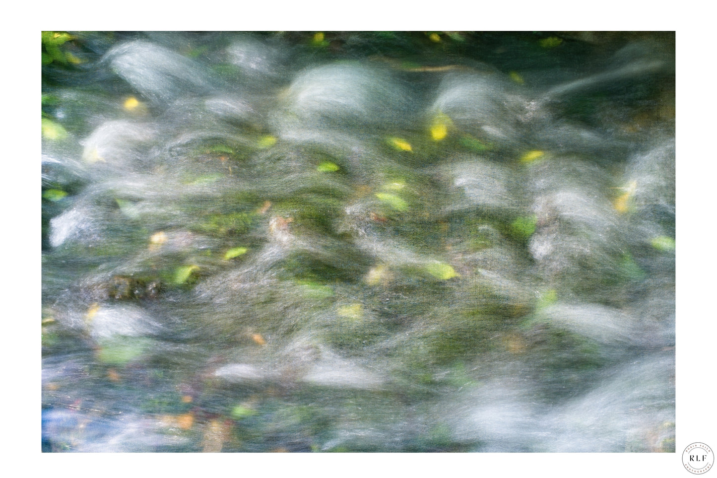 Abstract digital photograph of autumn leaves swirling in a fast-flowing stream, with soft green and yellow tones, capturing movement and nature’s beauty. Fine art photography by RLF Photography